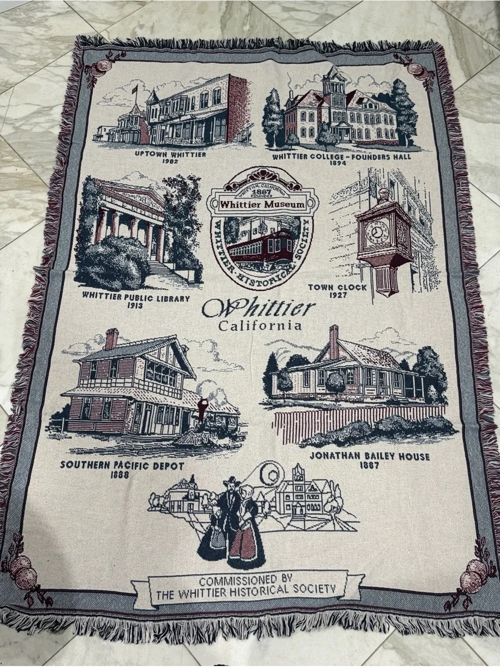 Whittier Museum -California Souvenir Tapestry Throw Blanket Scenes 48” by 68”